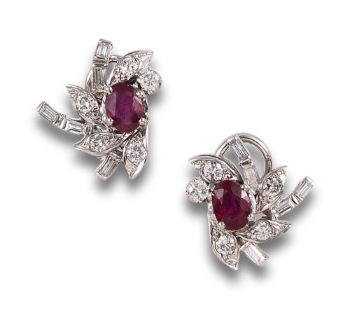 RUBY AND DIAMONDS FLOWER EARRINGS, IN WHITE GOLD