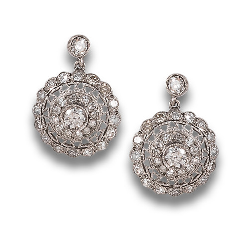 ROSETTE HANGING EARRINGS, ANTIQUE STYLE, WITH DIAMANTYES, I