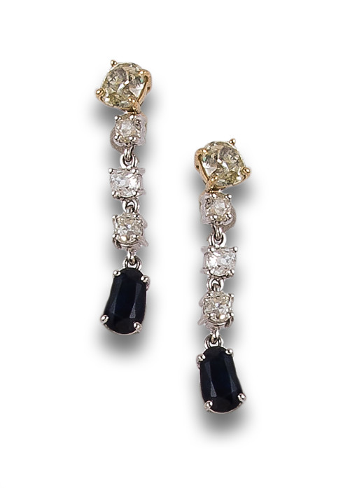 LONG REMOVABLE EARRINGS WITH DIAMONDS AND SAPPHIRES, IN WHI