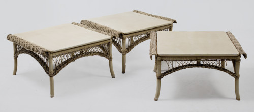 Three wooden and wicker tables, Spain, 1980s