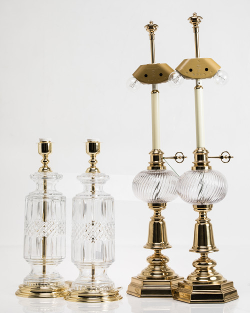 Pair of crystal table lamps with carved decoration and diam