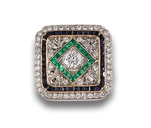 SQUARE RING, OLD STYLE, WITH DIAMONDS, EMERALDS, SAPPHIRES