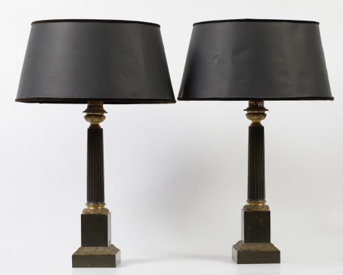 Pair of patinated and gilded metal lamps, 20th century