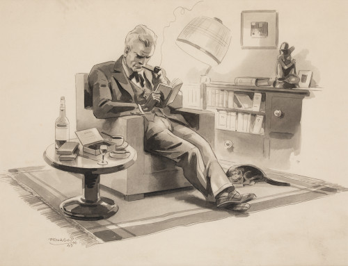 RAFAEL PENAGOS, "Caballero leyendo", 1943, Aguada grisacea