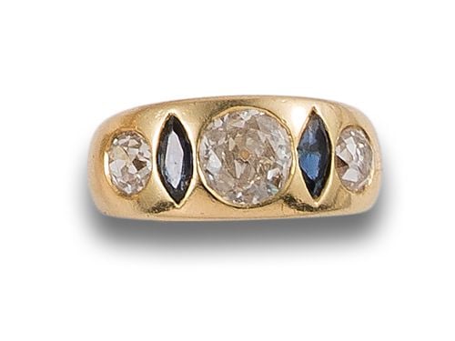 ANTIQUE THREE STONE RING OF DIAMONDS AND SAPPHIRES, IN YELL