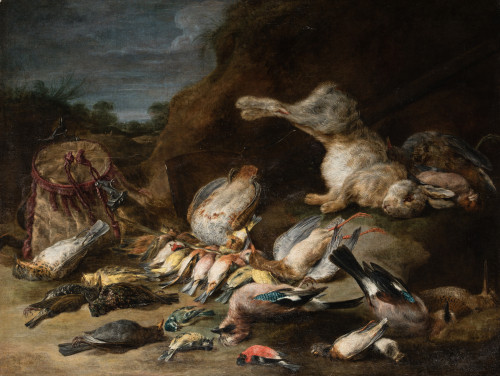 JAN FYT, "Bodegón de caza con aves y liebre", 1655?, Óleo s