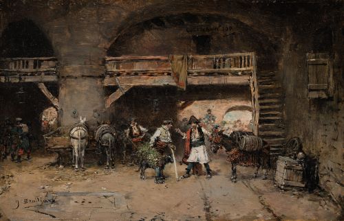 JOSE BENLLIURE Y GIL, "La disputa", Óleo sobre tabla