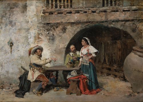 JOSE BENLLIURE Y GIL, "En el mesón", Óleo sobre tabla