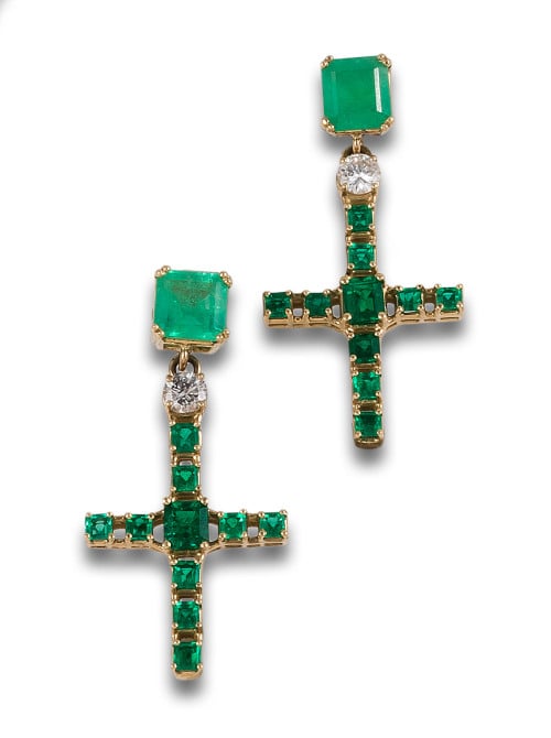 DIAMOND AND EMERALD CROSS EARRINGS, IN YELLOW GOLD