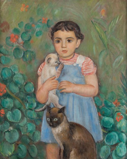 JOAQUIN SUNYER, "Niña con gatos", 1948, Óleo sobre lienzo