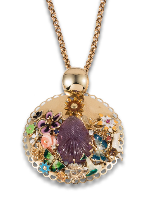 ROBERTO BRAVO AMETHYST, DIAMONDS AND ENAMELS PENDANT, WITH