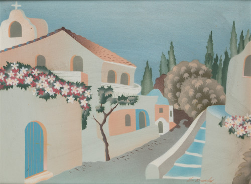 ESCUELA GRIEGA, "Paisaje con casas", Óleo sobre lienzo