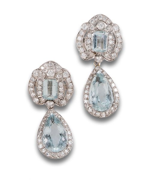 BELLE EPOQUE STYLE EARRINGS IN PLATINUM, DIAMONDS AND AQUAM