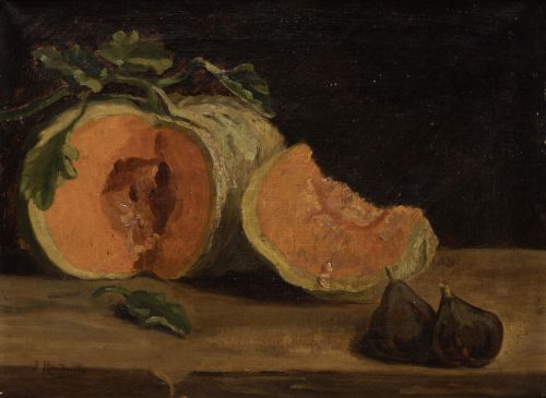 ESCUELA FRANCESA, "Bodegón con calabaza e higos", Óleo sobr