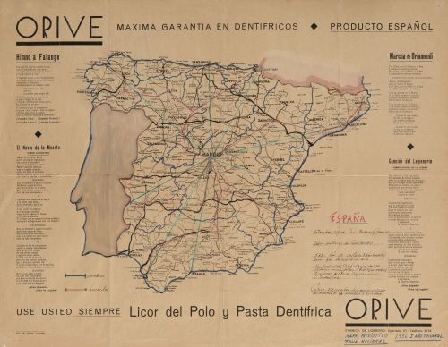 ESCUELA ESPAÑOLA, "Cartel con mapa de la Península y publi