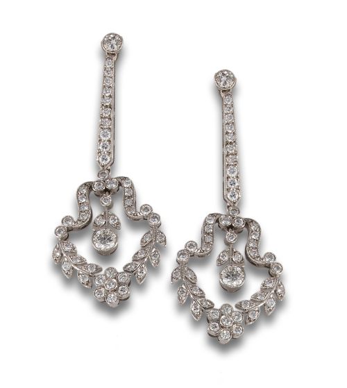 PENDIENTES LARGOS, ESTILO BELLE EPOQUE, DE DIAMANTES, EN PL