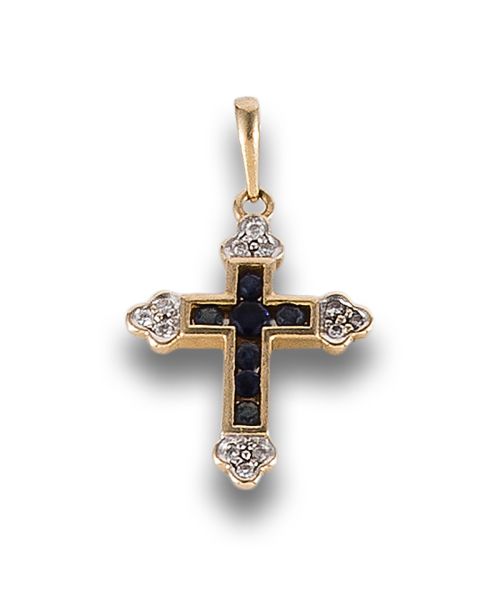 CROSS PENDANT WITH DIAMONDS AND SAPPHIRES, IN YELLOW GOLD