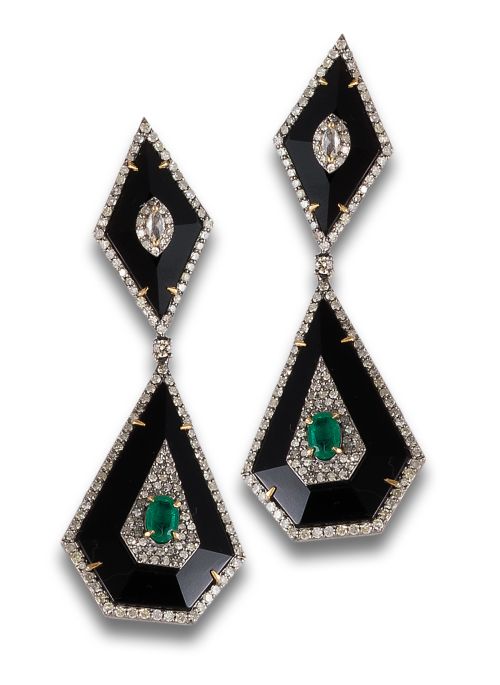 PENDIENTES LARGOS, ESTILO ART DÉCO, DE DIAMANTES, ESMERALDA