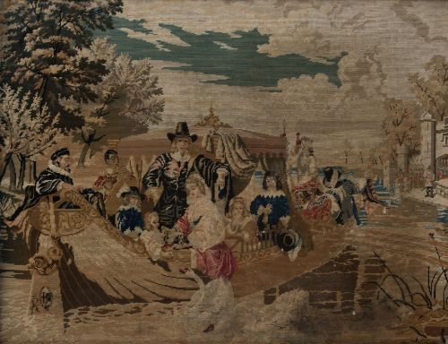 "Courtly scene", framed cross-stitch embroidery, early 20th