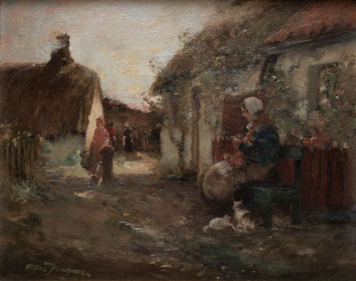 ALEC FRASER, "Calle de una aldea", Óleo sobre lienzo