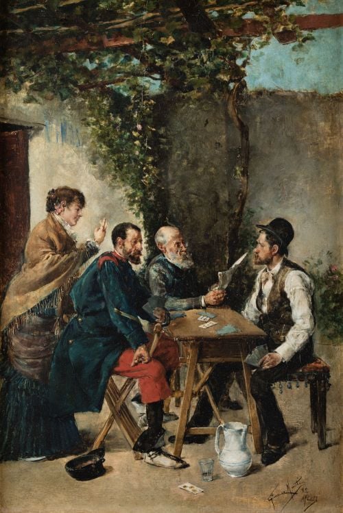 JUAN JIMENEZ MARTIN, "La partida de cartas", 1882, Óleo sob