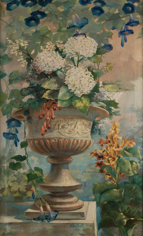 ENRIQUE ATALAYA, "Copa de piedra con flores en el jardín",