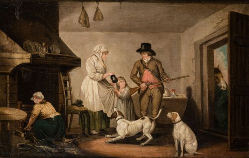 ESCUELA INGLESA, "Familia en interior", Óleo sobre lienzo