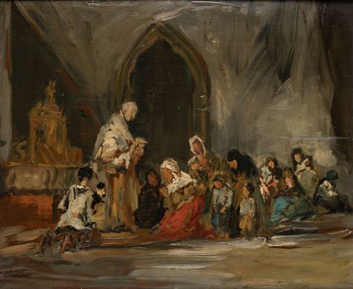  ESCUELA ESPAÑOLA, "La comunión", Óleo sobre tabla 