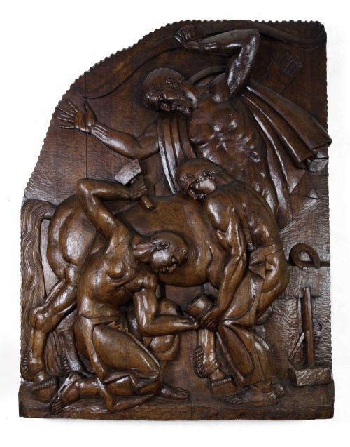 LUIS MARCO PÉREZ, "El minotauro", Relieve de roble tallado