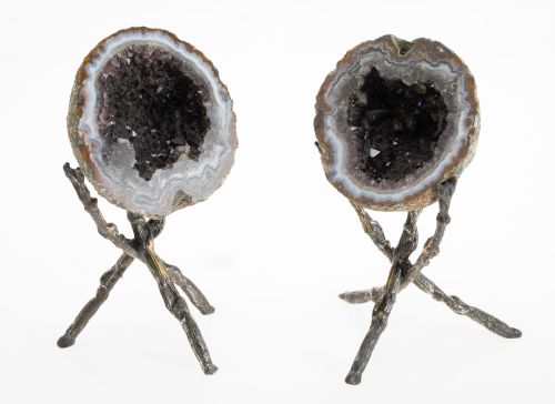 Pair of geodes mounted on silver bronze