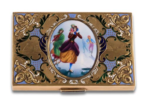 VANITY CASE, CA. 1950, ROCOCO STYLE IN GOLD AND ENAMELS