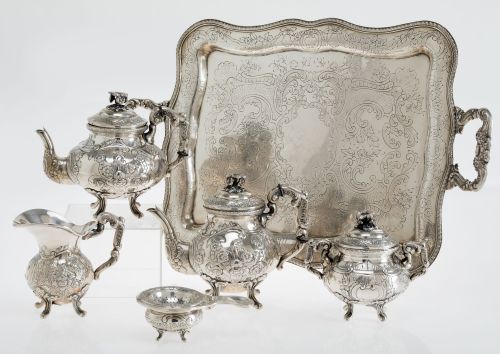 Contrasted Spanish silver coffee and tea set, 916 law, 20th