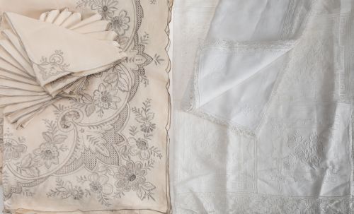 White thread table linen