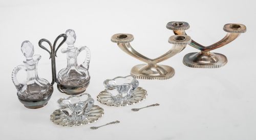 Silver plate with a glass vinegar and oil cruet and two gla