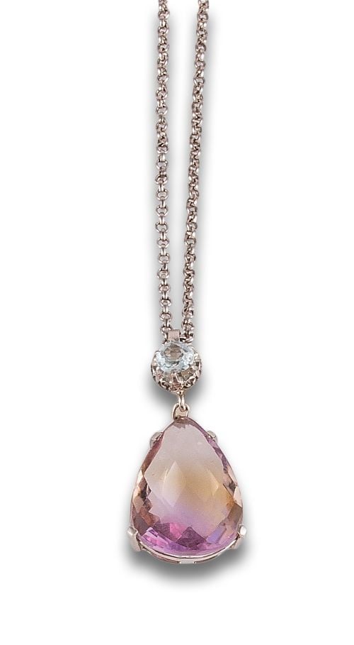 AMETRINE AND AQUAMARINE PENDANT IN PLATINUM WITH SILVER CHA