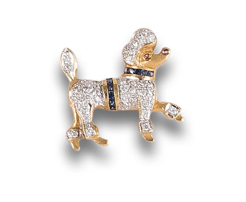 BROCHE EN FORMA DE CANICHE EN ORO, DIAMANTES ZAFIROS Y RUBÍ