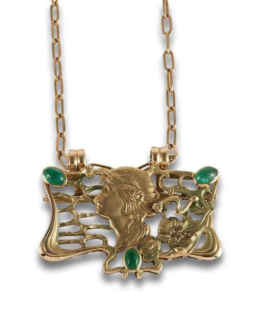 CHAIN ​​WITH BROOCH-PENDANT IN GOLD AND EMERALDS