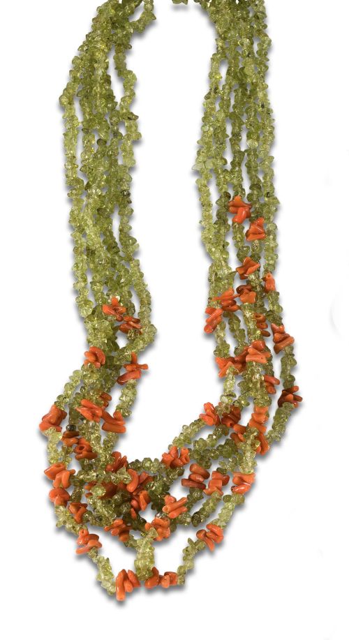 MULTI-STRAND NECKLACE WITH PERIDOTS AND CORAL TWIGS