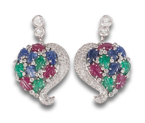 LONG TUTTI FRUTTI EARRINGS WITH DIAMONDS, EMERALDS, SAPPHIR