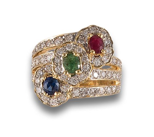 TRIO RING OF DIAMOND, SAPPHIRE, EMERALD AND RUBY ROSETTES,