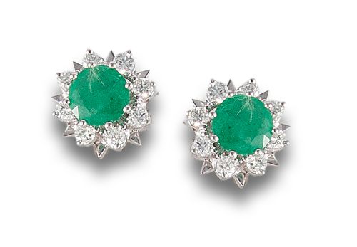 EMERALD AND DIAMONDS ROSETTE EARRINGS, IN WHITE GOLD