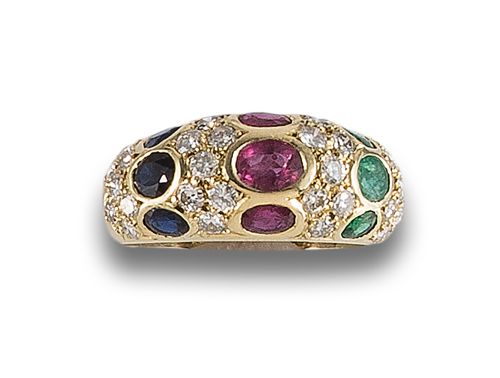 GOLD RING WITH DIAMONDS, SAPPHIRES, EMERALDS AND RUBIES