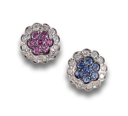 EARRINGS IN WHITE GOLD WITH SAPPHIRES AND RUBIES EDGED WITH