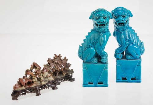 Pair of turquoise blue enameled porcelain chimeras, China,