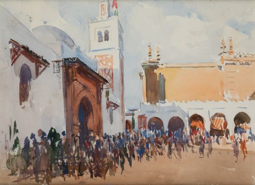 MARIANO  BERTUCHI, "Mezquita de Tánger", Acuarela sobre pap