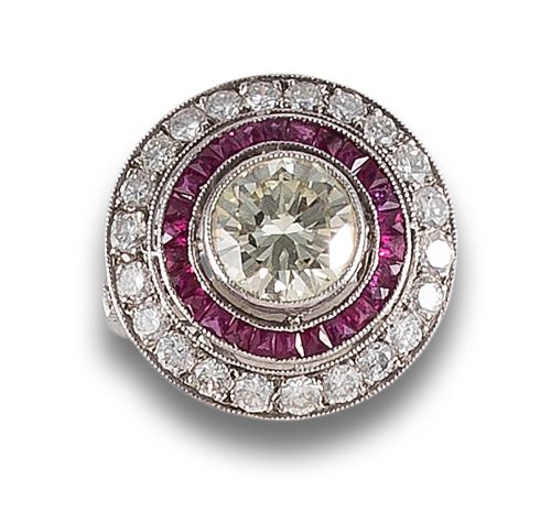 HALO RING IN PLATINUM WITH DIAMONDS AND RUBIES