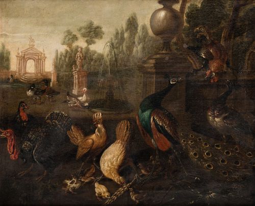 SEGUIDOR DE MELCHOIR D´HONDECOETER, "Aves en un paisaje", Ó