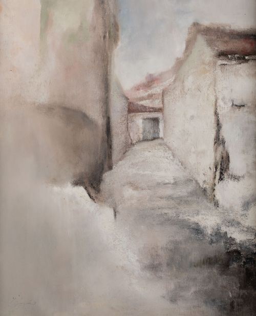 TEO BARGUEÑO, "Pueblo", Óleo sobre lienzo