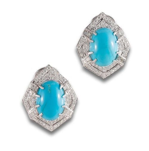 TURQUOISE AND DIAMONDS EARRINGS, IN WHITE GOLD