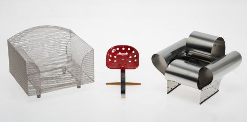 Three miniature seating chairs, Vitra design Museum